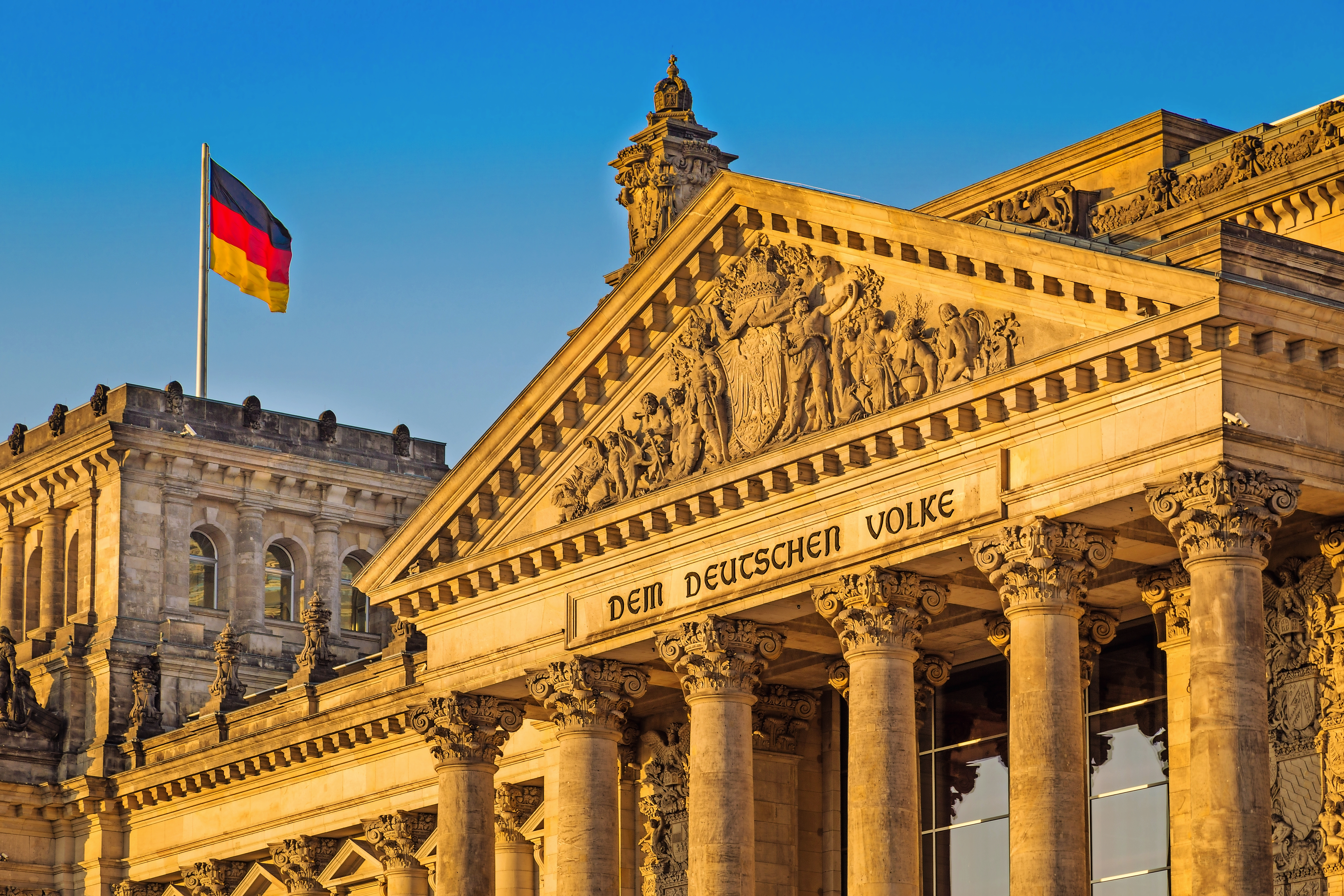 Reichstag building at sunset, Berlin, Germany